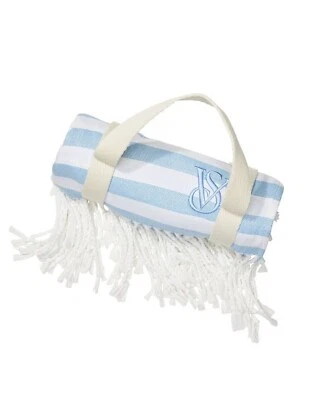 VICTORIA’S SECRET NAUTICAL BLUE WHITE STRIPED FRINGE BEACH BLANKET 34"x60" NWT - Image 1 of 3