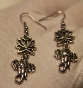 Silver Dangle Elephant Earrings Lotus Flower Hook Buddist Zen India Jewelry - Picture 1 of 7