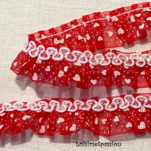 DENTELLE ORGANZA PLISSÉE 2 rangs COEURS PLUMETIS / ROUGE * 25 mm * DF12 bis - Picture 1 of 1