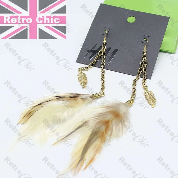 LONG chain FEATHER festival BOHO natural/brown/cream VINTAGE BRASS/GOLD feathers — 第 1/3 张图片