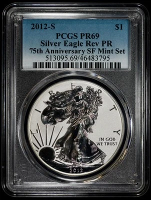 2012-S Reverse Proof American Silver Eagle $1 PCGS PR 69 Rev 75th SF Mint Set - Image 1 of 4