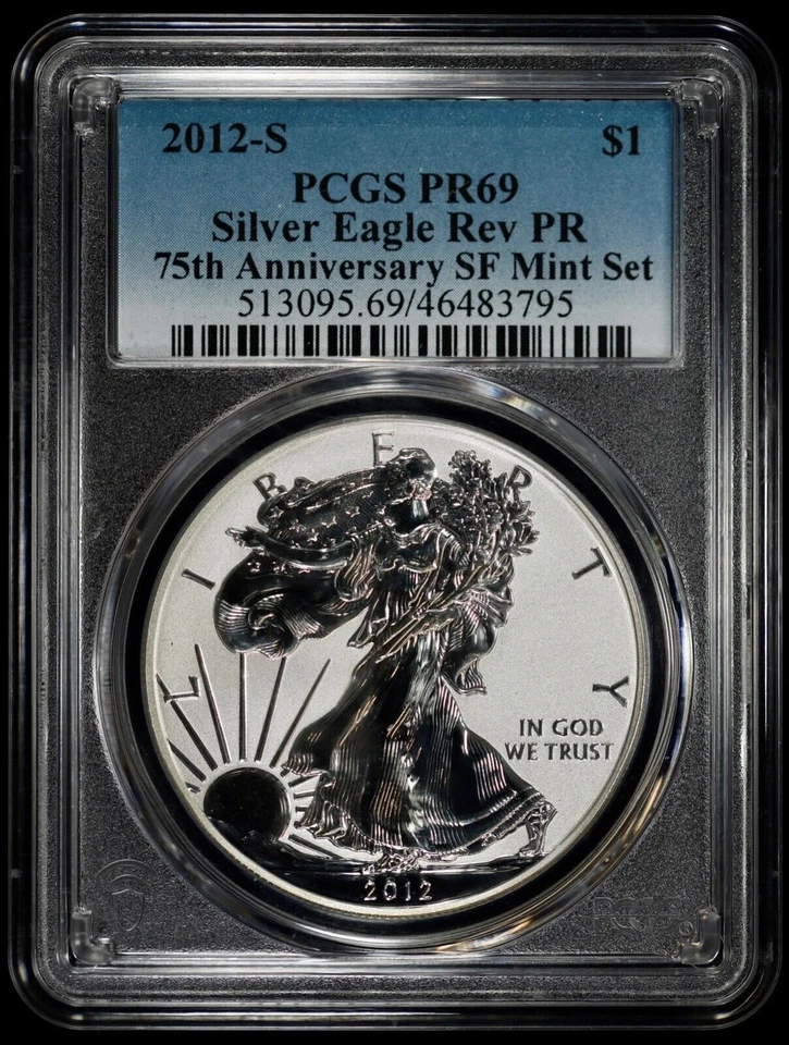 2012-S Reverse Proof American Silver Eagle $1 PCGS PR 69 Rev 75th SF Mint Set - Image 1 of 4