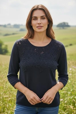 Suéter J Jill Mujer Grande Pequeño Mezcla de Lino Crochet Encaje Yugo Negro Foto 1 de 4