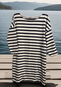 Tommy Hilfiger Womens 3/4 Sleeve Breton Dress Blue/Ivory Striped Sz M - Picture 1 of 12