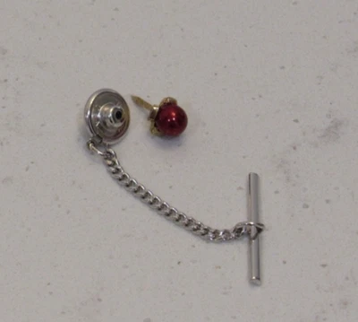 Vintage Tie Tack Pin Red Faux Pearl Silver Tone - Image 1 of 4