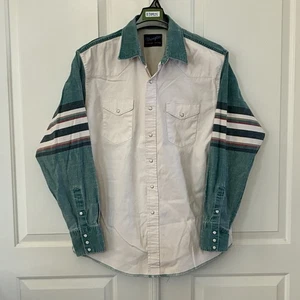 Wrangler Western Camicia Uomo 17,5-36 XL X-Long Tails Verde Beige Colore Blocco Snap - Foto 1 di 7
