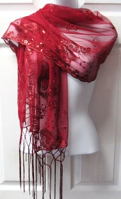 Burgundy Red Sequin Shawl Wrap Sparkle Fringe Scarf Wedding Bridal Dressy Formal - Image 1 of 4