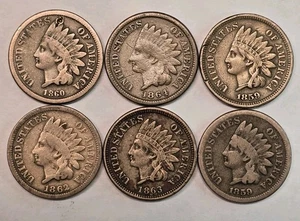 6 Coin Cupro-Nickel Indian Head Cent Lot - Early Dates 1859-1864 - Picture 1 of 10