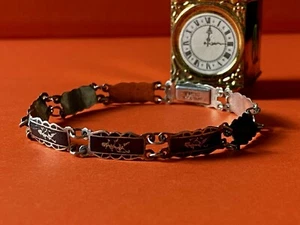 Vintage 925 Sterling Silver Siam Niello Linked 9 Panels Bracelet 1950'-1960' - Picture 1 of 10