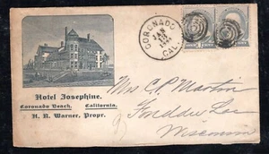 Postal History 1888 Coronado, CAL.  to Wisconsin - Hotel Josephine cachet ad - Picture 1 of 2