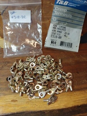 (100) T&B Ring Crimp Terminal Connectors Non-insulated 22-18 awg, #8 Stud Bolt  - Image 1 of 4