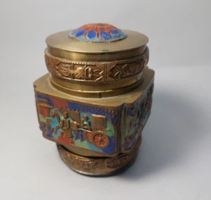 Antique Cloisonne Enameled Brass Chinese Tea Caddy Box Opium Tobacco Jar - Picture 1 of 17