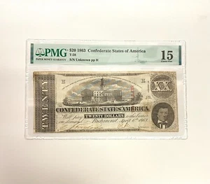 Estados Confederados de América 1863, $20, T-58, PMG VF15 - Imagen 1 de 2