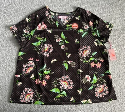 Koi Scrub Top Women’s Sz 2X Black Rainbow Floral Nursing Medical Stretch - Image 1 of 4