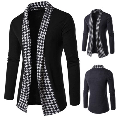 Mens Plaid Patchwork Knitted Placket Coat Jacket Tops Warm Sweater Open Cardigan - Image 1 of 4
