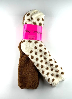 Betsey Johnson Womens 2 Pair Cozy Slipper Socks Polka Dot/Solid Cream Caramel - Image 1 of 4