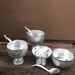 Vintage Stil Schale & Stützständer Thai Design Silber Aluminium mit Schöpfkelle - Bild 1 von 59