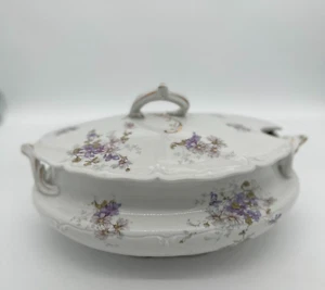 Antike Wien Österreich Porzellan Deckel Gemüseschale lila floral Goldrand - Bild 1 von 10