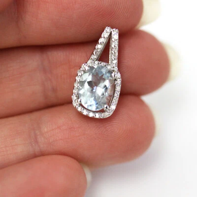 1.85 ctw Natural Blue Aquamarine Diamond Solid 14k White Gold Halo Drop Pendant - Image 1 of 4