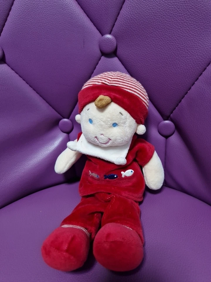 Doudou poupée lutin garçon marin rouge poissons brodés MOTS D'ENFANTS - 28 Cm - Photo 1/2