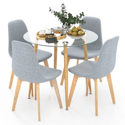 5 PCS Dining Set Round Tempered Glass Table 4 Fabric Chairs Solid Wood Kitchen - Image 1 of 4