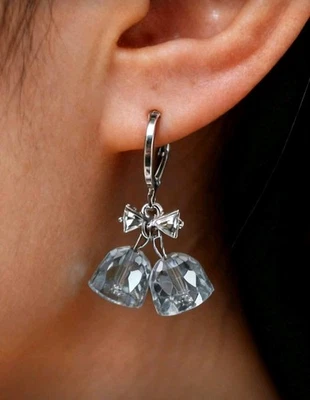 Vintage Style Christmas Bells Bows Pale Blue Ice Earrings Snap Hoop Closure  - Image 1 of 4