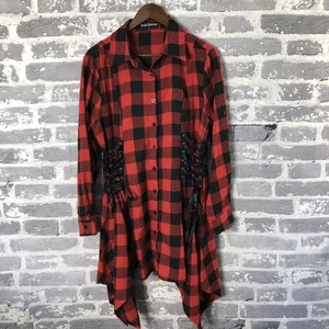 Scarlet Darkness Shirt Womens Large Red Black Plaid Lace Up Gothic Punk READ - Picture 1 of 14