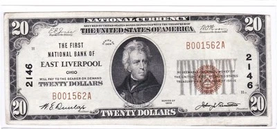 $20 1929 T1 National EAST LIVERPOOL Ohio OH 🇺🇸 Lightly Circulated! 🇺🇸 - Image 1 of 2