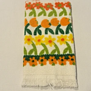 Asciugamano Vintage Retrò Floreale Arancione Giallo Fiori Frangia MCM Groovy Boho - Foto 1 di 5
