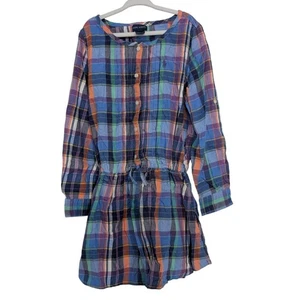 Ralph Lauren Plaid Dress Girls Size 6X Blue Roll Tab Sleeves Long Sleeve Preppy - Picture 1 of 11