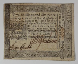 PA-188 Pennsylvania Colonial Currency October 25, 1175 2s6d Half a Crown - Picture 1 of 3