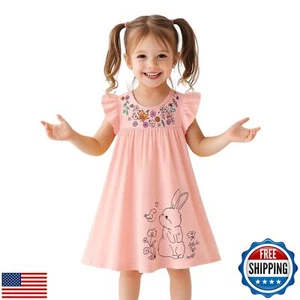 Girls Easter Spring Dress Pink Rabbit Cotton Casual Ruffle Short Sleeve Summe - Picture 1 of 5