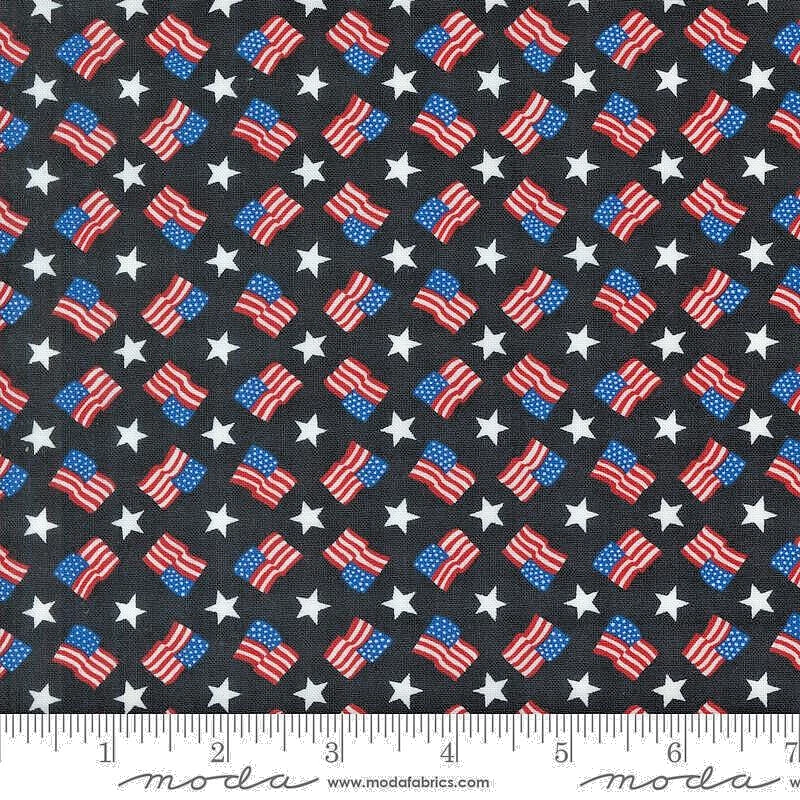 MODA FABRICS #56113 14"RED,WHITE & BLOOM " FLAGS ON BLACK  BTY - Image 1 of 1