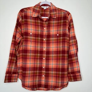 Old Navy Flannel Boyfriend Shirt Women Size S Orange Red Plaid Long Sleeve - Picture 1 of 8