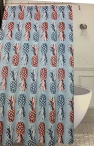 Cortina de ducha de tela texturizada con patrón de piña, juego de 12 ganchos de rodillo de metal - Imagen 1 de 6