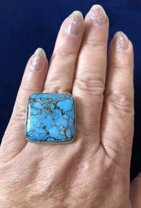 Artisan Handmade Blue Turquoise Wen Matrix Square Cushion, Size 8 Ring - Picture 1 of 5