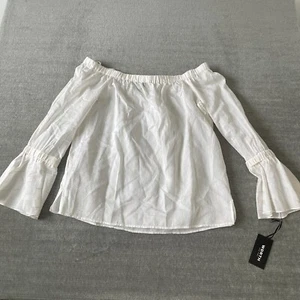 Worth New York Shirt Women M Tusk Beige Off Shoulder Flare Cuff Classic Cotton - Picture 1 of 7