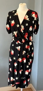 Phase Eight black red floral print stretchy jersey wrap Style Dress Size 12 - Picture 1 of 6