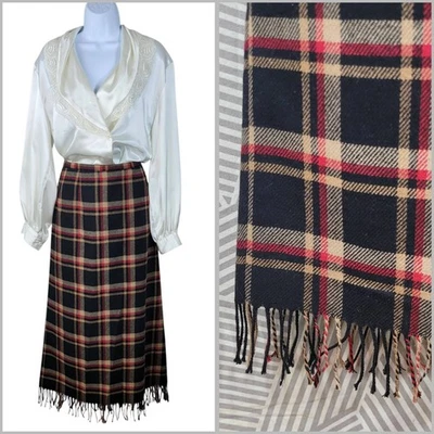 Vintage Wool Tartan Skirt Size 16 Fringe Plaid Black Red Tan Long Midi Academia  - Image 1 of 4