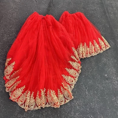 Maxi Vestido Rojo Tul Dorado Apliques Largo Línea A Rojo Vestido Falda Disfraz Conjunto 2 Foto 1 de 4