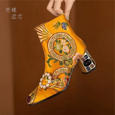 Otoño Para Mujer Botines Nuevos Estrás Tacón Grueso Bordado Botines Talla Foto 1 de 4