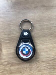 Brand new Leather BMW 50 years metal keyring with shopping trolley token/coin