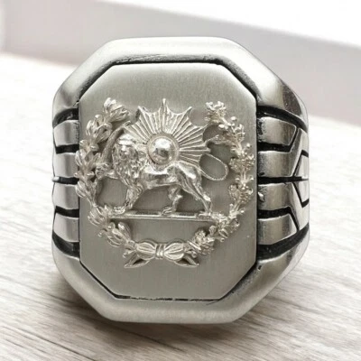 925 Argento Sterling Persiano Centrale East Leone & Sole Imperial Pahlavi Ring - Immagine 1 di 4
