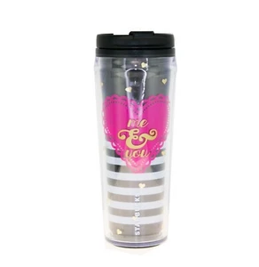Starbucks Black You & Me Stripe Love Pink Heart Acrylic Cup Tumbler 12oz - Picture 1 of 3