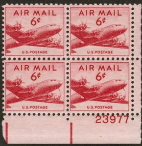 US USA Sc# C39 MNH FVF PLATE# BLOCK DC-4 Skymaster Airplane Wet Print 6 cent - Picture 1 of 1