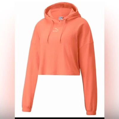 Puma Classics Ribbed Cropped Hoodie Ladies Orange Y2K Streetwear Pullover NEW XL - Image 1 of 4