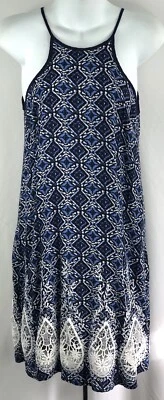 Винтажный без рукавов с бретелью через шею скольжения платье S синий с ремешками крючком кружева богемное хиппи - Изображение 1 из 4