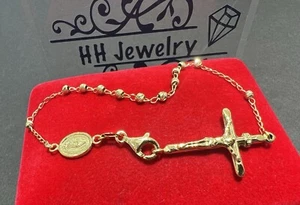 18K Yellow Gold Rosary Chain Crucifix With Beads Bracelet - Picture 1 of 20