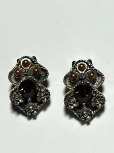 Vintage Gold tone Bronze Amber Stone Flower Design Layered Clip Earrings - Picture 1 of 8