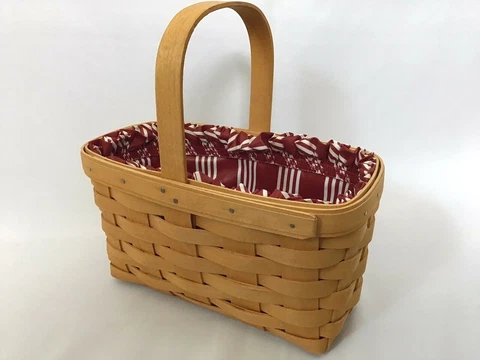 Longaberger Basket Handwoven Rectangle 9 X 5 Fixed Handle Red Liner Signed 1999 Cover